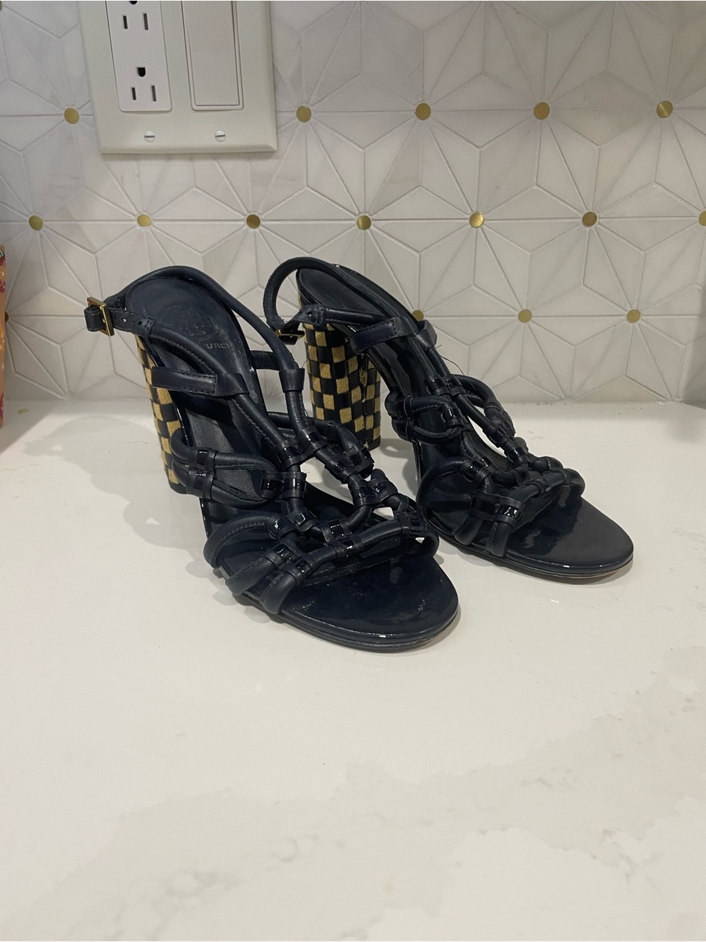 Tory Burch Black Heeled Sandals with Gold & Black Checkerboard Block Heel